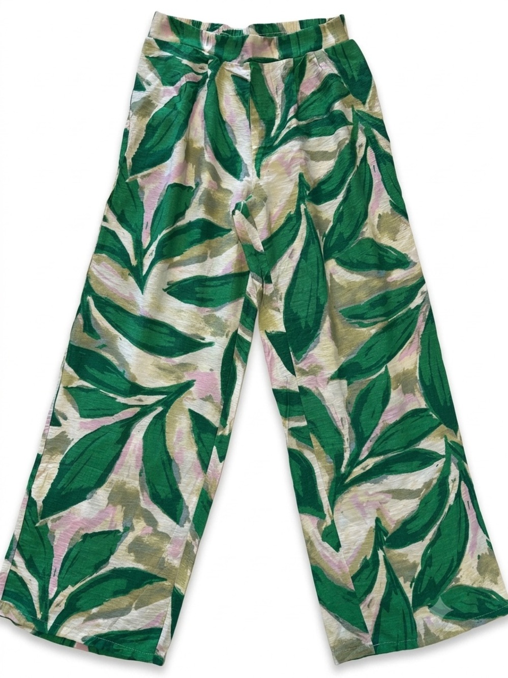 Lulumari Wide Leg Pants in Green Leaf Print with Pink Accents